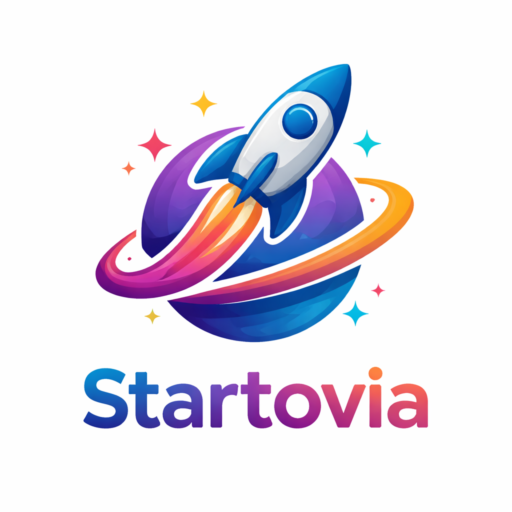 Startovia logo featuring a modern rocket launching over a colorful planet with vibrant gradient rings and stars